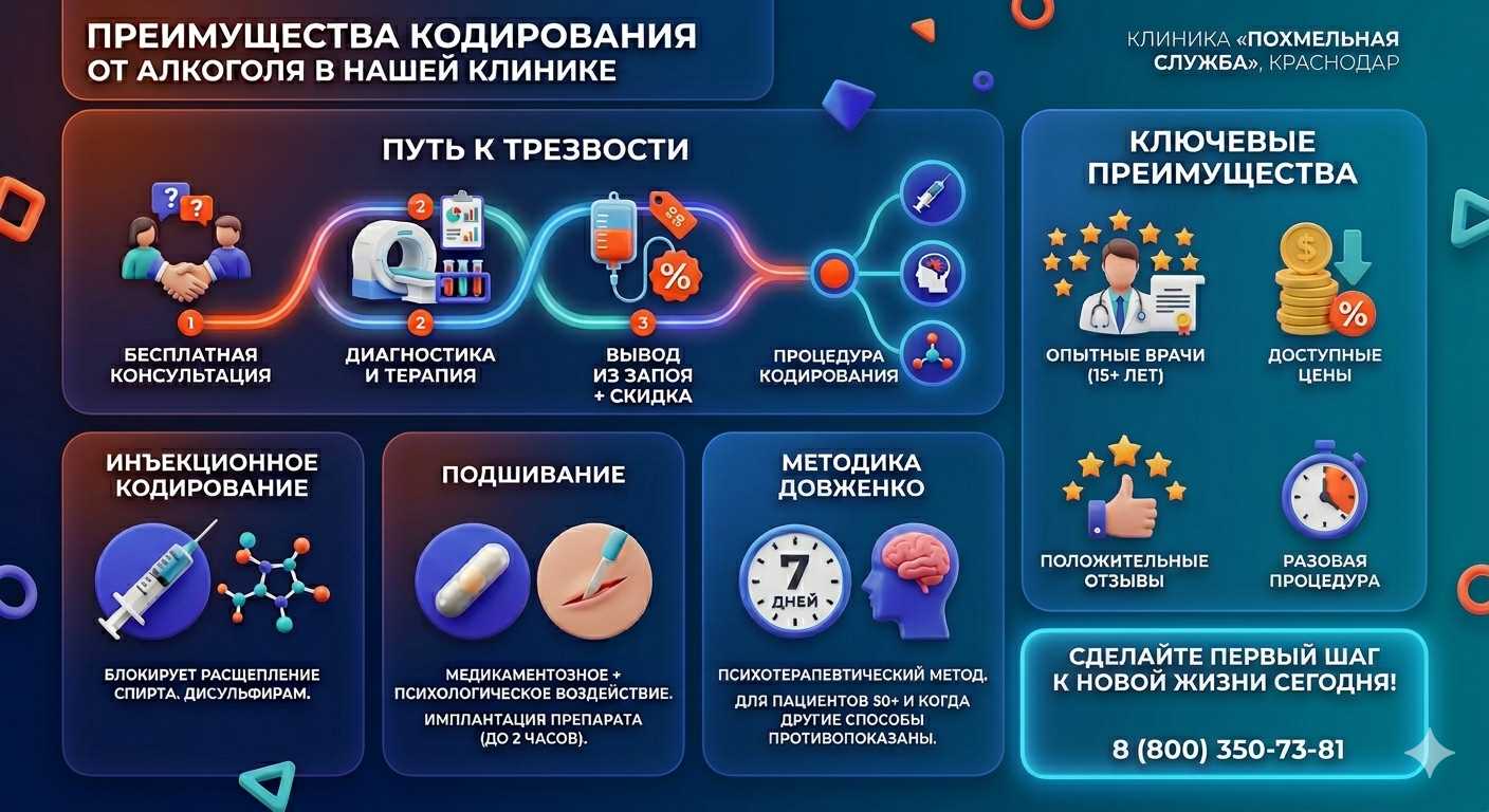 Инфографика о методах кодирования от алкоголя в Славянке: инъекции, подшивание, метод Довженко. Преимущества клиники и этапы лечения.